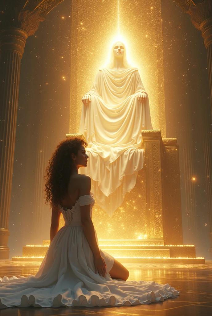 Beautiful and mystical curly-haired woman dressed in white with a royal court dress, prostrate in deep worship offering her life and work to God sitting on his golden throne brighter than the sun and made with all the stars in heaven