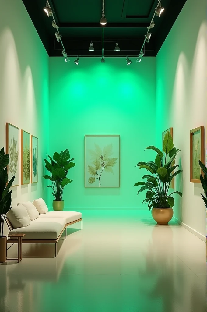 Create an environment for displaying artwork with LED lighting in shades of green