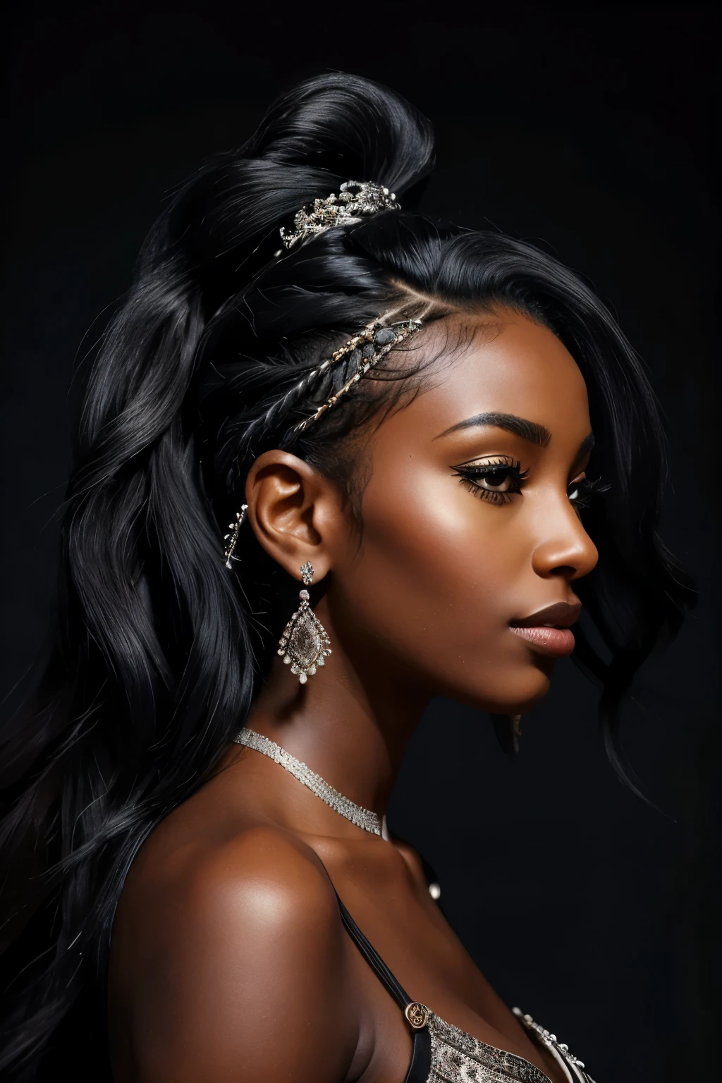 **Highly stylized and artistic image featuring a beautiful dark-skinned woman, depicted in profile against a black background. Her hair is intricately adorned with numerous shiny, silver-like locks that cascade down her back, creating a luxurious and elegant appearance. She wears large dangling earrings that match the shiny quality of her hair ornaments. Her facial features are soft and refined, with a subtle and confident expression. The overall composition is elegant and sophisticated, emphasizing the contrast between the dark background and the bright elements**