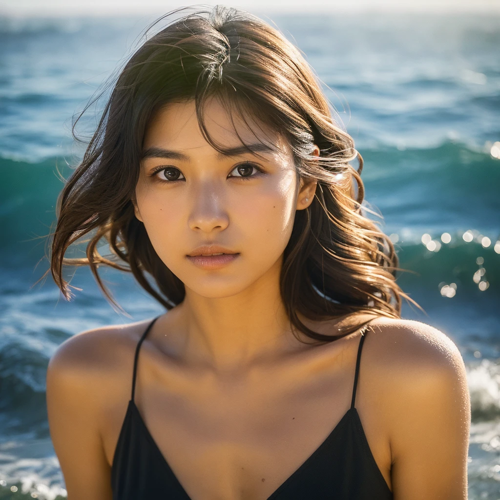 A hyper-realistic image of a single Japanese woman in her early 20s, captured with the nostalgic warmth and pronounced graininess of a film camera, showing her from the shoulders up as she stands on a sunlit beach. Her skin has a warm beige tone with a natural, visibly rough texture that includes pronounced pores, fine lines, and subtle imperfections such as small blemishes, slight unevenness, and a hint of sun exposure, contributing to the authenticity of her appearance. The texture of her skin is intentionally less smooth, with a tangible roughness that enhances the realism, making the surface appear slightly weathered by the elements. The soft, diffused natural light illuminates her face and shoulders with a gentle touch, casting shadows that subtly reveal the unevenness of her skin. Her straight, glossy black hair flows naturally in the ocean breeze, framing her face, and her deep brown eyes reflect the soft sunlight and the shimmering sea. The film camera effect amplifies the grain and texture, creating a warm, nostalgic atmosphere while maintaining the deliberately rougher, less polished texture of her skin. The composition, focused on her upper body, captures the serene elegance of the beach setting, highlighting the natural interaction of light and shadow on her skin. This combination of a rough, realistic skin texture, soft natural light, and the grainy film-like qualities ensures that the image presents an authentic, lifelike portrayal of the woman, centered on her face and shoulders.