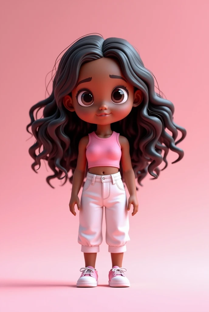 chibi girl with long hair, and curly hair, black skin, wearing pink croptop and white pants, with name Delicias da nice 3d render, typography, high definition 