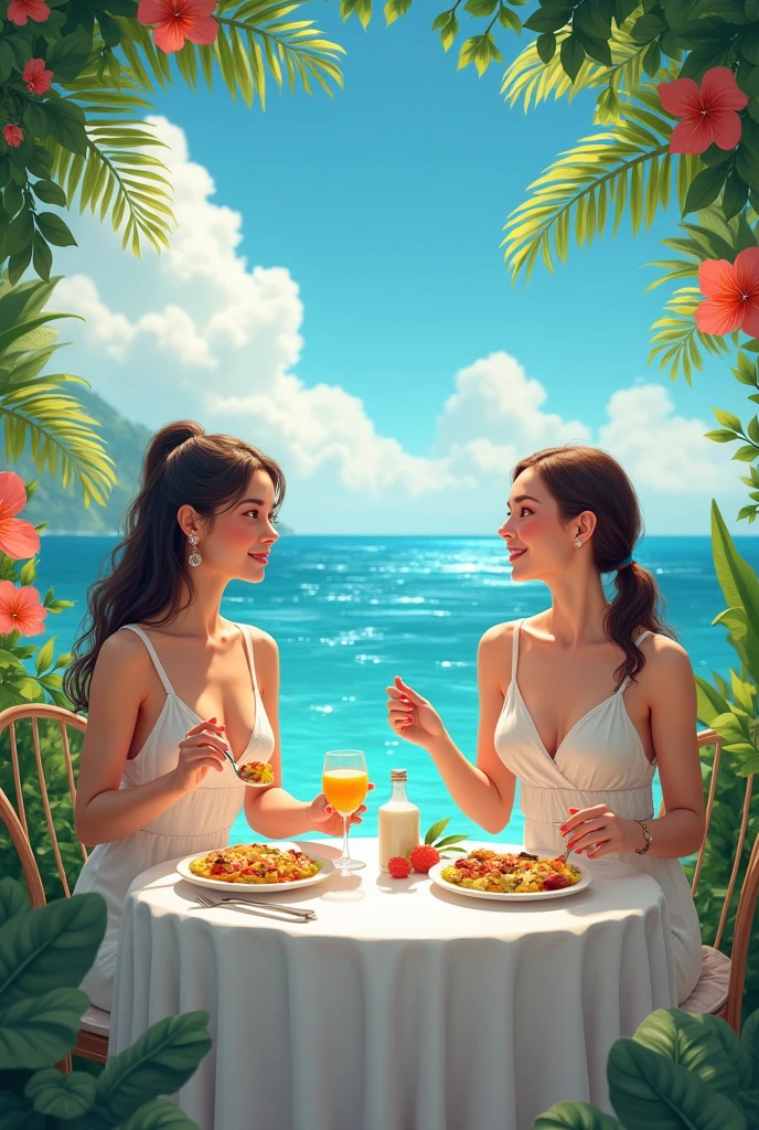 A couple of women having breakfast in a paradisiacal place .