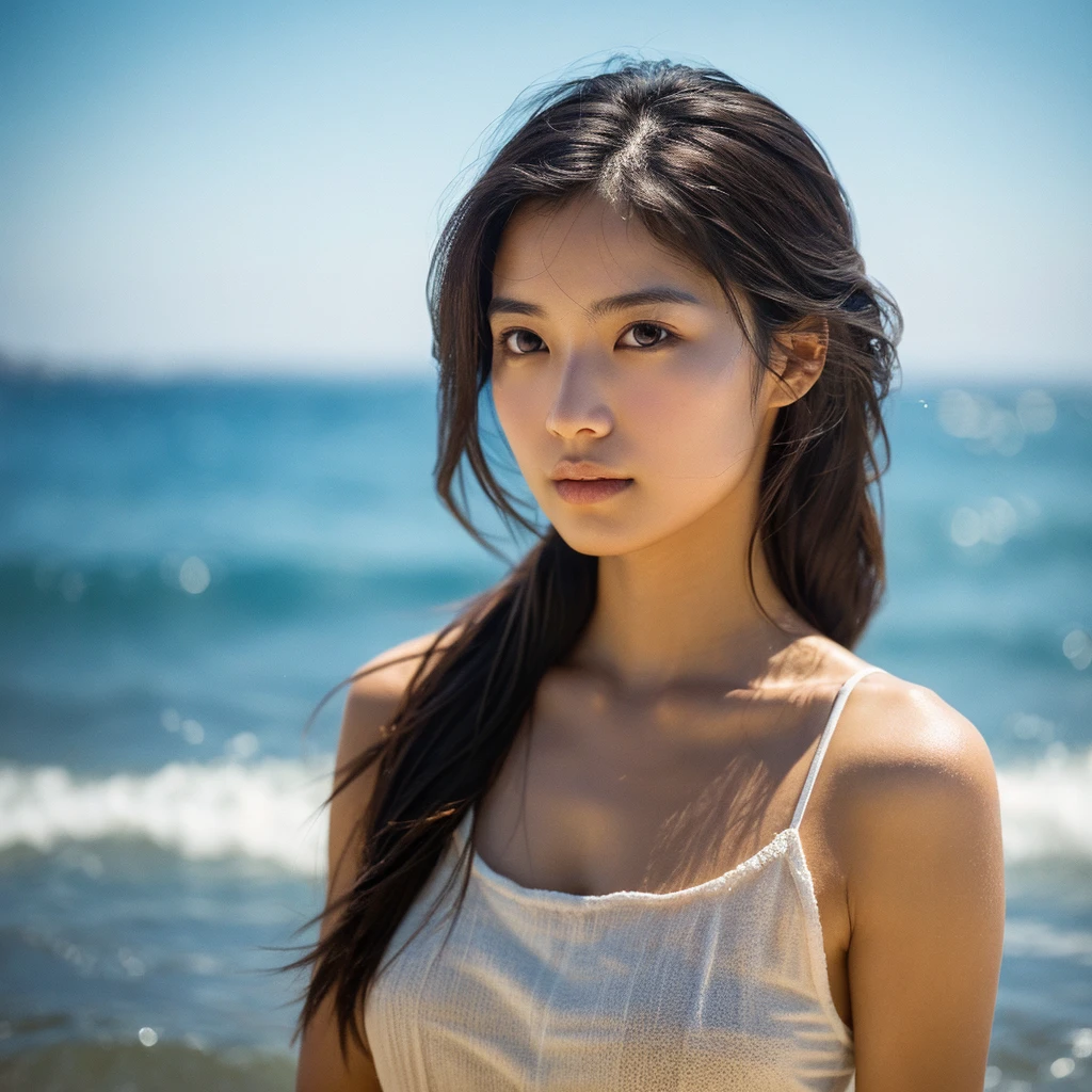 A hyper-realistic image of a single Japanese woman in her early 20s, captured with the nostalgic warmth and pronounced graininess of a film camera, showing her from the shoulders up as she stands on a sunlit beach. Her skin has a warm beige tone with a natural, visibly rough texture that includes pronounced pores, fine lines, and subtle imperfections such as small blemishes, slight unevenness, and a hint of sun exposure, contributing to the authenticity of her appearance. The texture of her skin is intentionally less smooth, with a tangible roughness that enhances the realism, making the surface appear slightly weathered by the elements. The soft, diffused natural light illuminates her face and shoulders with a gentle touch, casting shadows that subtly reveal the unevenness of her skin. Her straight, glossy black hair flows naturally in the ocean breeze, framing her face, and her deep brown eyes reflect the soft sunlight and the shimmering sea. The film camera effect amplifies the grain and texture, creating a warm, nostalgic atmosphere while maintaining the deliberately rougher, less polished texture of her skin. The composition, focused on her upper body, captures the serene elegance of the beach setting, highlighting the natural interaction of light and shadow on her skin. This combination of a rough, realistic skin texture, soft natural light, and the grainy film-like qualities ensures that the image presents an authentic, lifelike portrayal of the woman, centered on her face and shoulders.