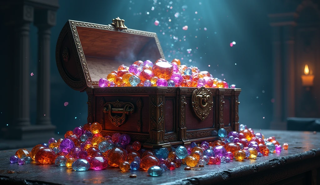 Treasure chest full and falling gems on the sides