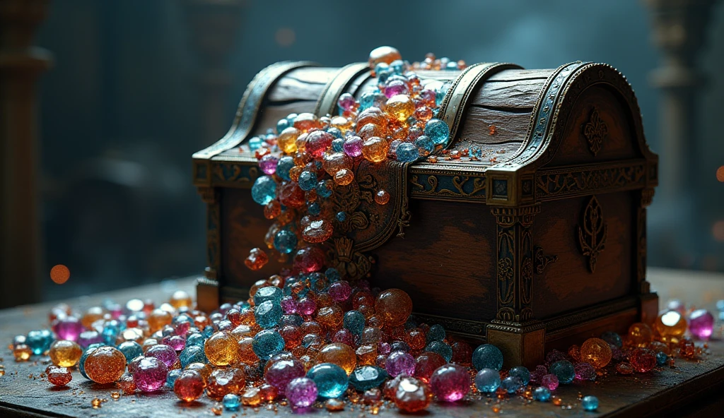 Treasure chest full and falling gems on the sides