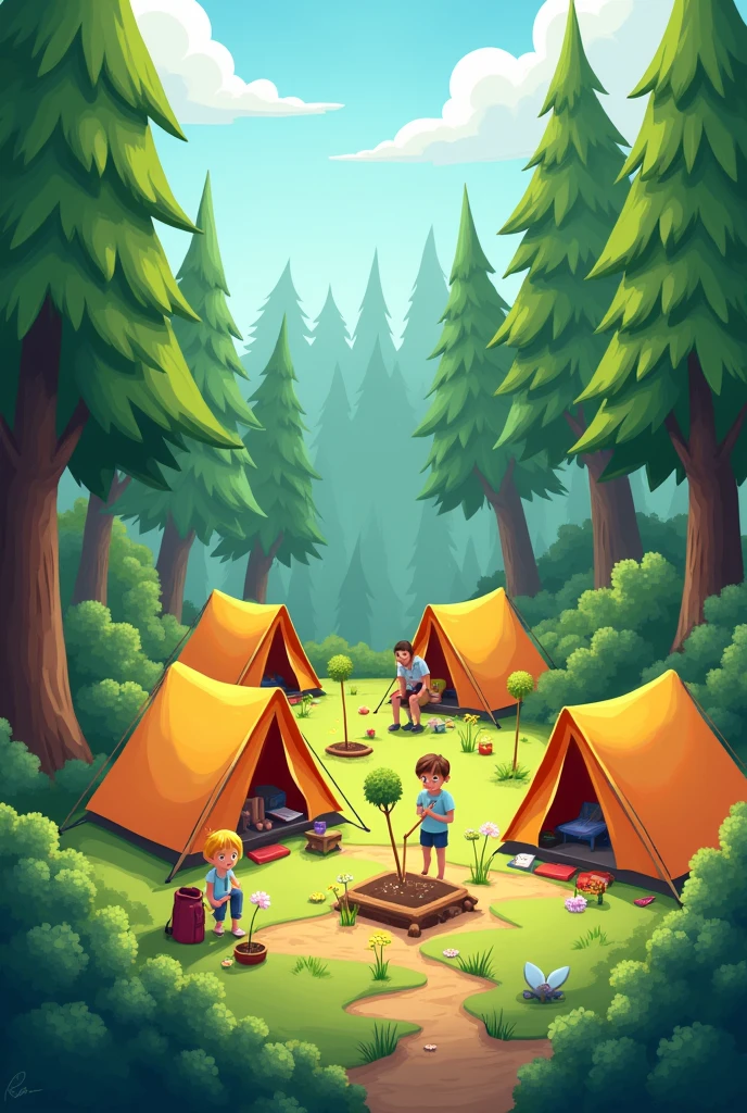 Create an animated design that contains a combination of reforestation activities and group camping activities with a design focus on 4 camping tents and plant seeds.