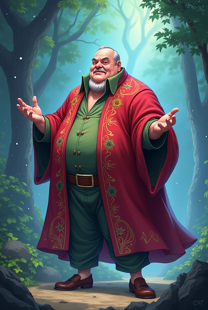 A 40-year-old wizard with little hair, a bit fat, wearing red anime-type clothes