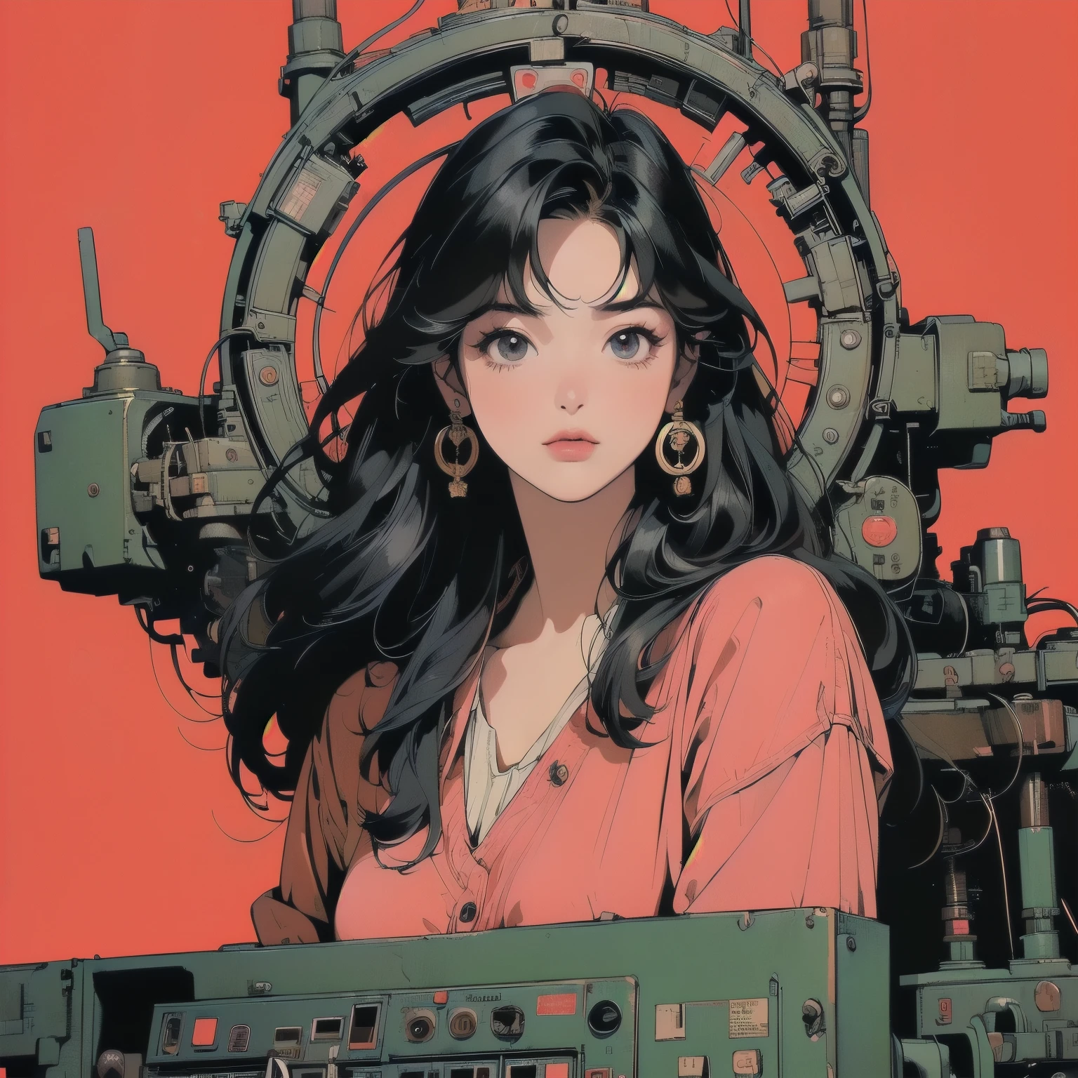 (((masterpiece, Highest quality)))、(((32K Wallpapers)))、The most detailed black machine、((Outdated yellow machinery and a woman)))、The most detailed background、(((small Chest)))、(((Surrounded by many complex, sophisticated, Outdated machinery)))、Upper Body、 (one person:1.2), ((Overall colorfully))、A perfect Outdated machinery、(((Perfect Face)))、(((The most complete Outdated machinery)))、Detailed Hair、 (((Lots of cables)))Close-up、(((own hands together)))、(((A complex and huge engine)))、((Only red background)))、(((Fan)))、(((signal machine)))、(((meter)))