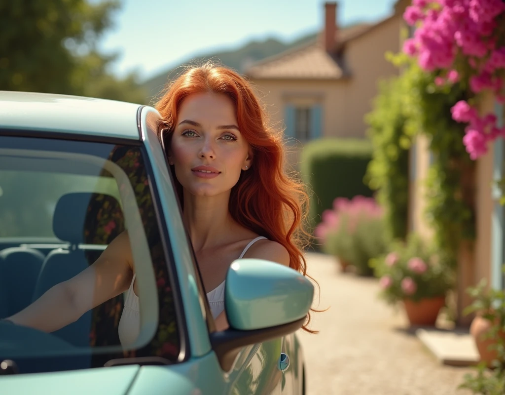 A 2 red-haired woman, close-up, arriving in the village of PROVENCE, at the wheel of her electric Citroën AMI. Side view of the car. She smiles. Typical houses, flowerbeds and bougainvilleas. Style by David Hamilton.