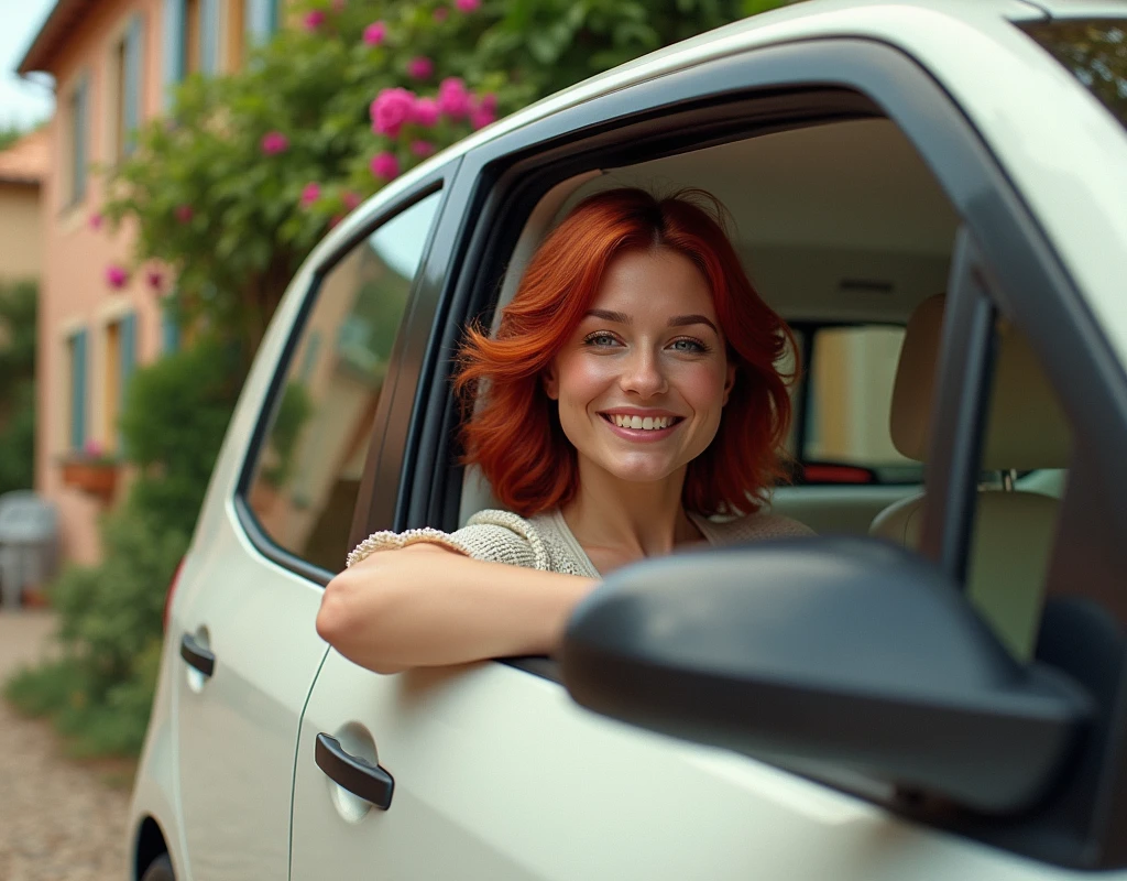 A 2 red-haired woman, close-up, arriving in the village of PROVENCE, at the wheel of her electric Citroën AMI. Side view of the car. She smiles. Typical houses, flowerbeds and bougainvilleas. Style by David Hamilton.