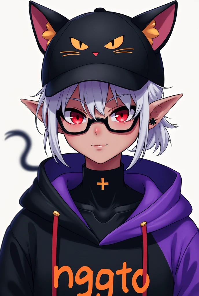 young man, Black skin tone, dark red eyes, elf ear small size, black earring in the shape of a cross but with two ears, wears prescription glasses, White hair, hair tied with ponytail, 2 strands of hair in the front, wears a black cap with a cat face, wears a closed hood with two different colors, black on one side and purple on the other, with an orange name written: NGGTO