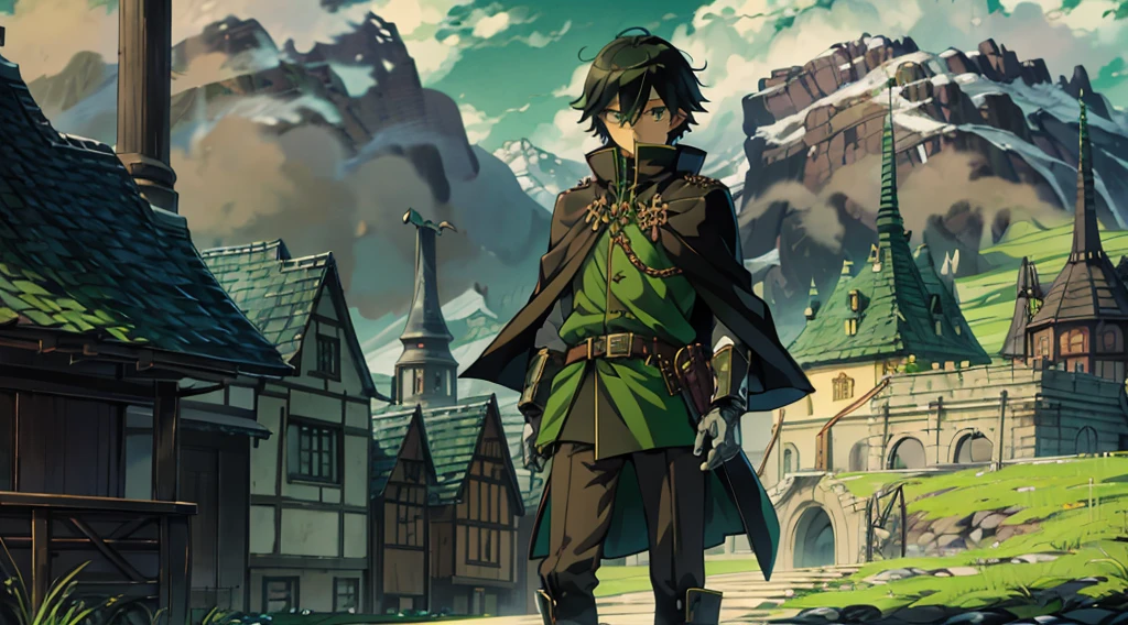 yuichiro hyakuya, (WithoutFear:1), demon king, evil face, 1 boy, black hair, green eyes, brown coat, gray armor, green shield, green cloak, dark brown gloves, castle, white fur trim, tall, anime, standing, good quality, portrait, looking at viewer