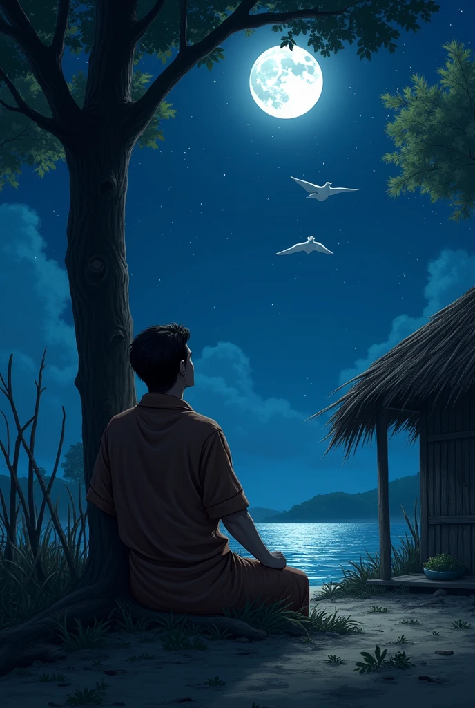 seen from behind looking at the moon A cleric wearing a brown shirt but without a peci sits leaning against a tree near a wooden hut with dry branches, fallen leaves near the ocean, the night is bright looking at the moon and stars and flying butung birds.