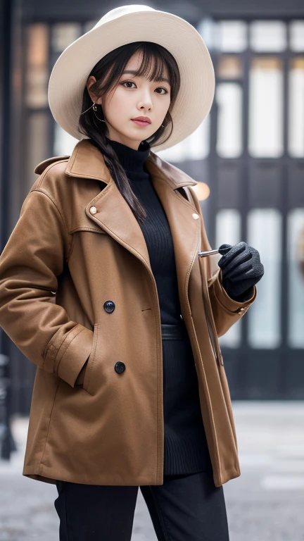 Wearing a knit and a long coat、wearing black leather gloves,Skin color pantyhose
