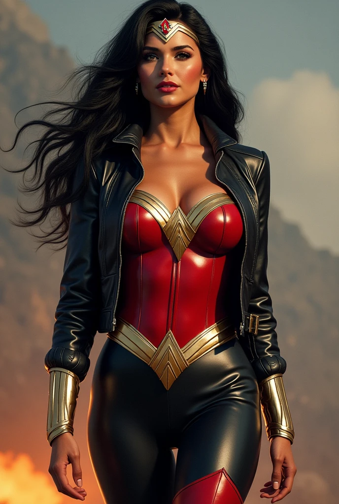 A beautiful woman, Lynda Carter, Wonder Woman, with long black hair, black leather jacket, red corset and black leather pants, red knee-high boots, Wonder Woman's diadem on her forehead.