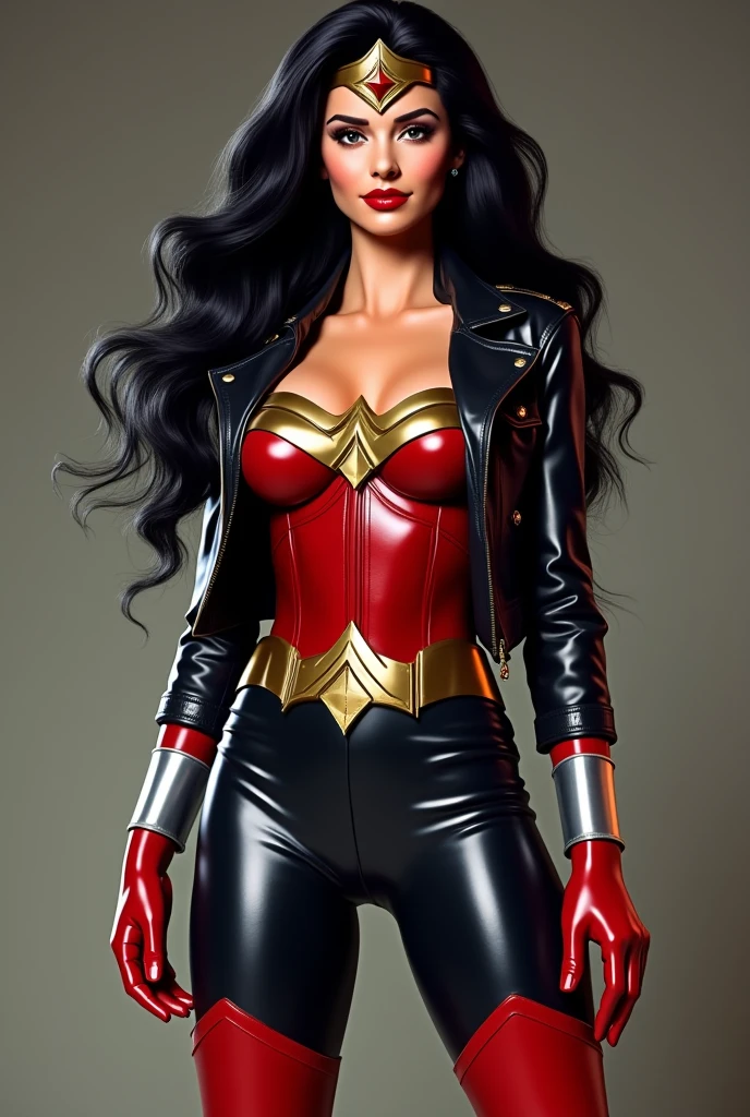 A beautiful woman, Lynda Carter, Wonder Woman, with long black hair, black leather jacket, red corset and black leather pants, red knee-high boots, Wonder Woman's diadem on her forehead.