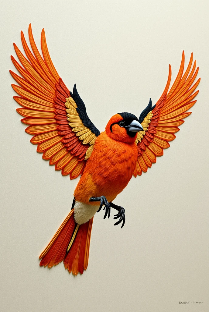 Generates an embroidered goldfinch with outstretched wings,orange and black In a uniform