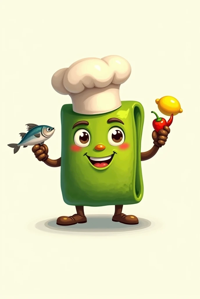 Make me a logo for my place which is a restaurant run by 3 chefs, two men and a woman called Mr.. A rectangular tamale bun with a chef's hat on it, with hands and legs and face, I need the face to be smiling, so that the teeth can be seen, that he looks happy and convinced that he is a good chef,both eyes open and, It has to be commercial, that he has a small fish in his hand and in the other a lemon and a chili pepper, Please note that the tamales are green in color, to make a logo for my store