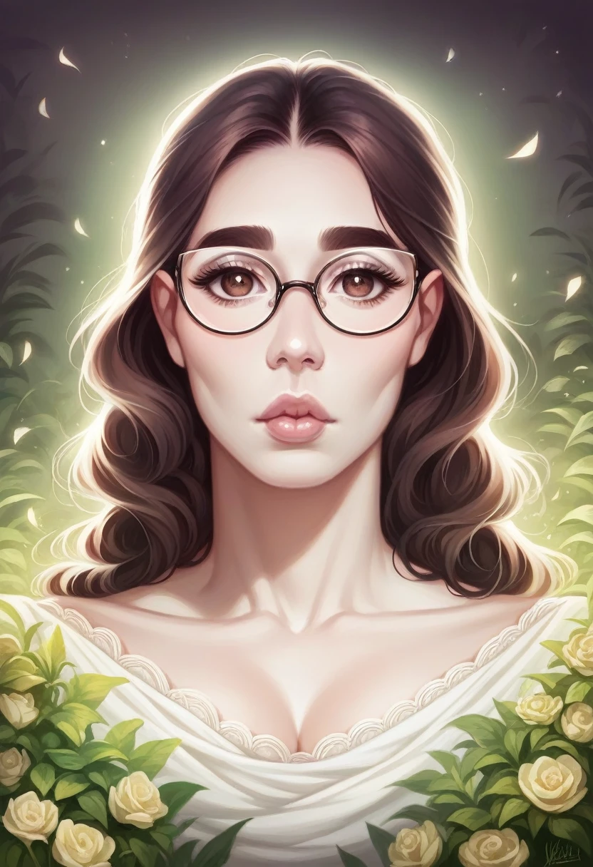 a beautiful curvy brunette woman with large brown eyes, small upturned nose, high cheekbones, full lips, wearing glasses, long eyelashes, thick eyebrows, 1girl, realistic, photorealistic, masterpiece, ultra-detailed, 8k, realistic skin texture, high quality, intricate details, warm lighting, cinematic, dramatic, elegant pose, intriguing expression, lush environment, warm color palette, natural lighting, atmospheric, beautiful detailed eyes, beautiful detailed lips, extremely detailed eyes and face, long eyelashes