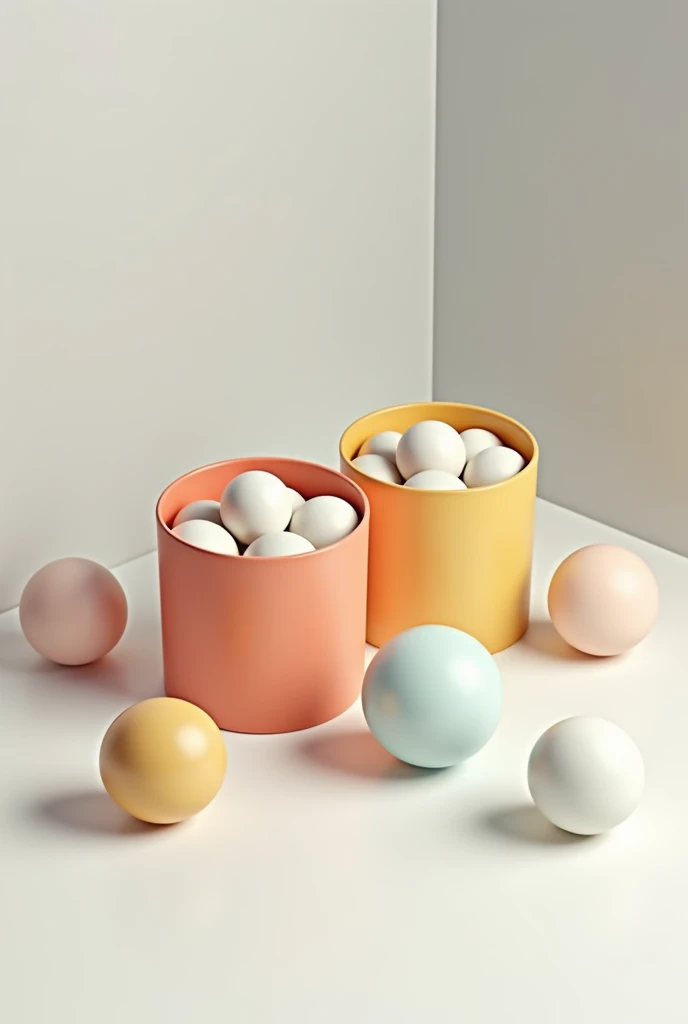 Show 2 boxes, each containing 3 balls. Next to the boxes, there are 3 more loose balls.