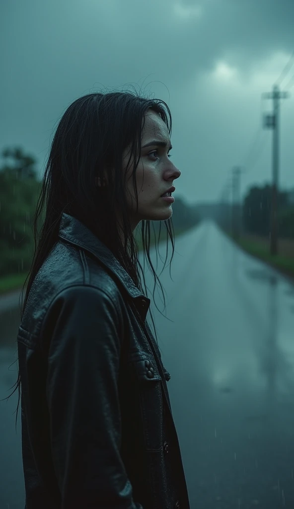 ( Highest quality,4K,8k,High resolution,masterpiece:1.2),Very detailed,(Realistic,photoRealistic,photo-Realistic:1.37),Rainy landscape,stress,Outdoor,Gloomy atmosphere,Realistic droplets on the face,Wet clothes,Dark colors,despair,Devastation,Lonely,Lost in Thought,Emotional,Wet roads,Apply mascara to your face,Tears ran down my cheeks..,Rain-soaked hair,Water dripping from hair,Shrug,Visible sadness,Pouring rain,thunderstorm,bad weather,Tragic,Deep sorrow,heartache,negative emotion,despairing expression,Cold and wet,pale,heavy rain,Wet road surface,Tears fall suddenly,Lonely,Devastation