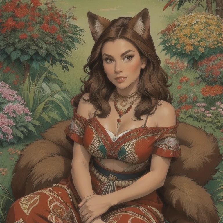 A beautiful red fox girl with long brown ears with darker brown inside, brown fur, bronzed fuzz on the neck, a fluffy brown tail with a bronzed tip, large brown eyes, wearing Native American style clothing, sitting in a lush floral garden, masterpiece, best quality(SFW)