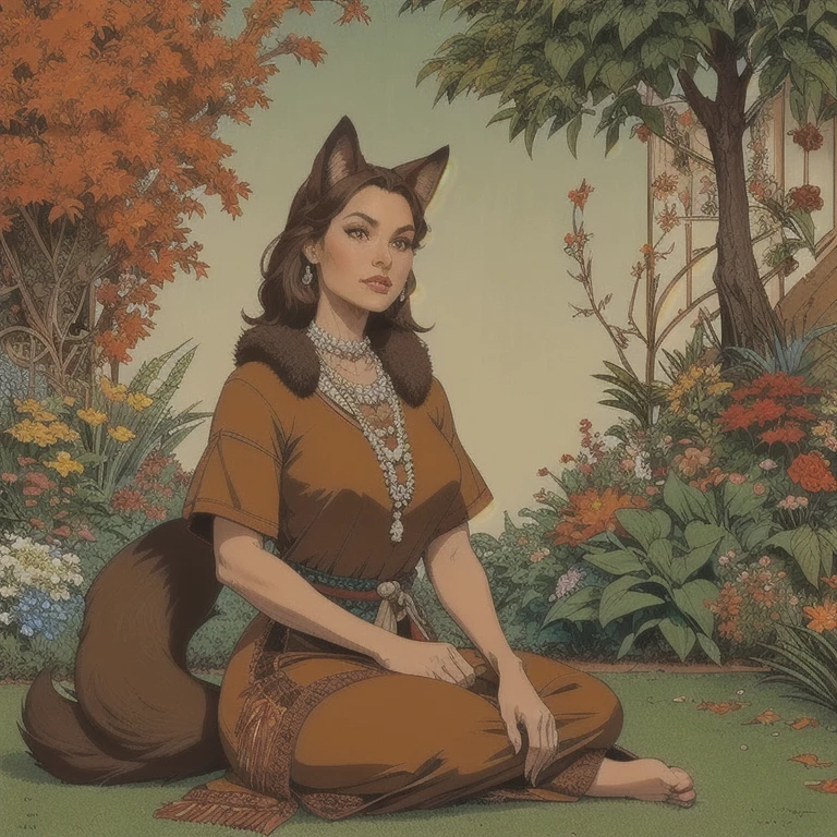 A beautiful red fox girl with long brown ears with darker brown inside, brown fur, bronzed fuzz on the neck, a fluffy brown tail with a bronzed tip, large brown eyes, wearing Native American style clothing, sitting in a lush floral garden, masterpiece, best quality(SFW)