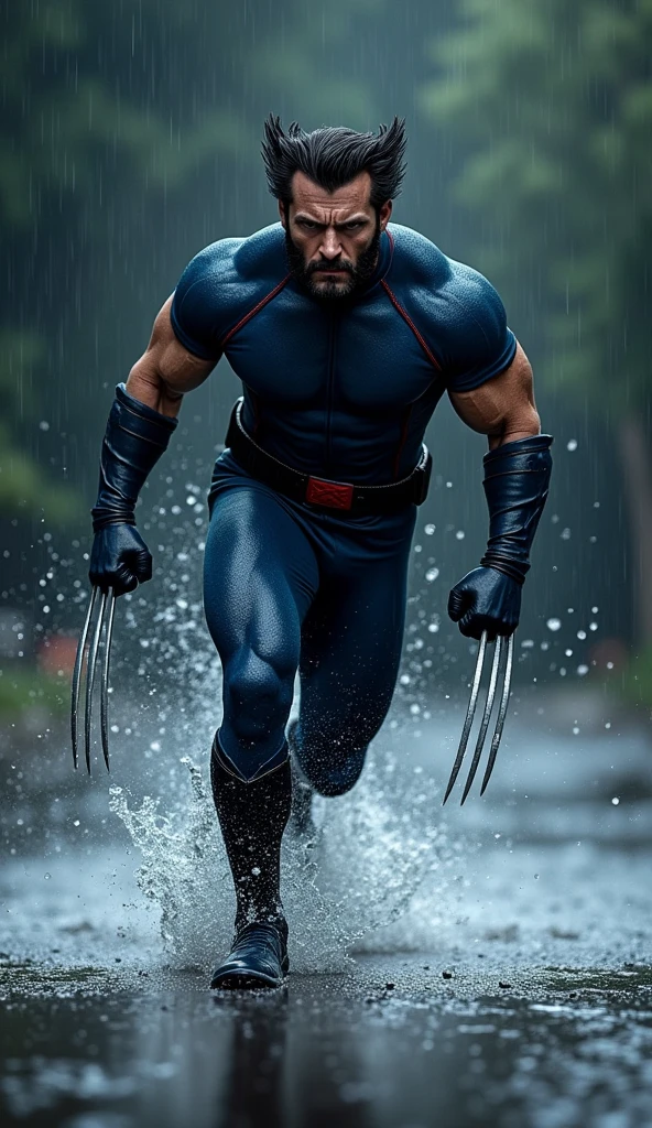 Wolverine in dark blue uniform, stepping into a puddle of water, raining, jumping, or running. Picture farthest from the camera with as much detail and high definition as possible, HD, Realistic. Black color shaded screen background with white.