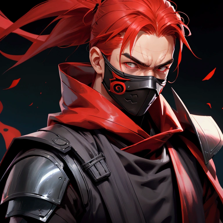 envision a 8k, highres, semi realistic cinematic close up portrait of a soft ninja man with a slender muscular body, clean shaved, sleek red hair, and red eyes, ninja robes, ninja armor, mortal kombat ninja mask, half face mask, against a dark gray background
