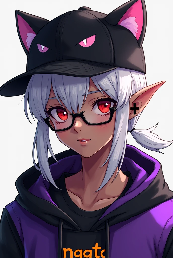 young man, Black skin tone, dark red eyes, elf ear small size, black earring in the shape of a cross but with two ears, wears prescription glasses, White hair, hair tied with ponytail, 2 strands of hair in the front, wears a black cap with a cat face, wears a closed hood with two different colors, black on one side and purple on the other, with an orange name written: NGGTO