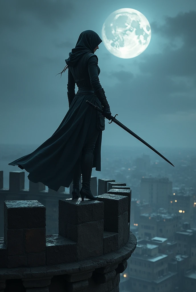 A fierce female assassin poised atop a crenellated tower, bathed in the ethereal glow of moonlight. She stands tall and silent, a dark silhouette against the ancient stone structure, which stretches skyward like a sentinel of the night. The moon hangs low in the inky sky, casting sharp shadows that play across her figure, emphasizing the tautness of her muscles and the determination etched on her stoic face. Her outfit is a blend of form and function—tight-fitting leather to allow for unrestrained movement, accentuated by flowing fabrics that billow in the gentle evening breeze. The hilt of her sheathed sword glimmers with the reflection of the moon's light, hinting at the weapon of choice hidden within the folds of her attire. The tower's peak offers a panoramic view of the sprawling city below, a labyrinth of rooftops and twisting alleyways that are her silent playground. The atmosphere is thick with anticipation, the silence only broken by the distant hoot of an owl and the occasional whisper of the wind. Her eyes, cold and calculating, survey the landscape with the precision of a hawk seeking its prey. The moon's soft luminescence dances across the blade of her sword as she slowly draws it, a silent promise of swift and deadly justice about to be unleashed. Her stance is one of readiness, balancing gracefully on the precipice, a living embodiment of the shadows from which she emerged. The scene exudes a palpable tension, a moment frozen in time before the night erupts into chaos and she descends upon her unsuspecting targets. The stark contrast between the serene moonlit setting and the imminent danger she represents creates an alluring and haunting tableau of beauty and brutality intertwined.