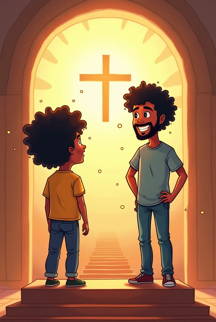 2 men with black curly hair 1,73 on the altar and the other man with short curly black hair, both looking at the screen smiling "cartoon drawing style "
