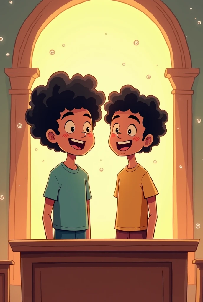 2 men with black curly hair 1,73 on the altar and the other man with short curly black hair, both looking at the screen smiling "cartoon drawing style "