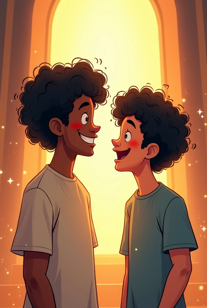 2 men with black curly hair 1,73 on the altar and the other man with short curly black hair, both looking at the screen smiling  "cartoon drawing style "