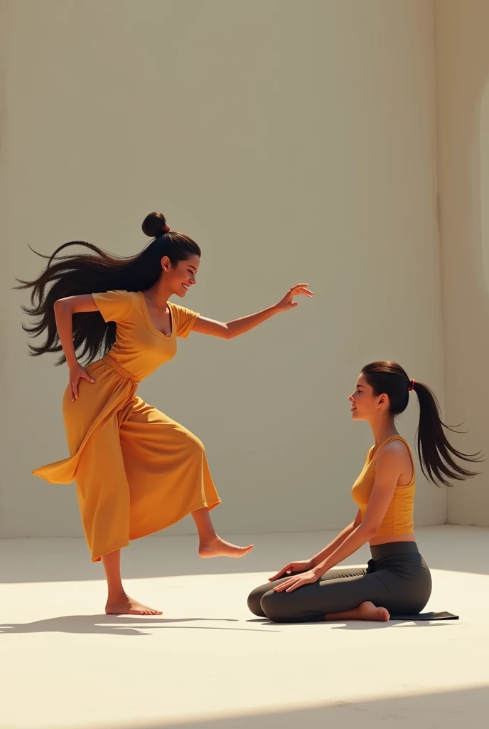 Smiling capoeria woman teasing a meditating karate girl