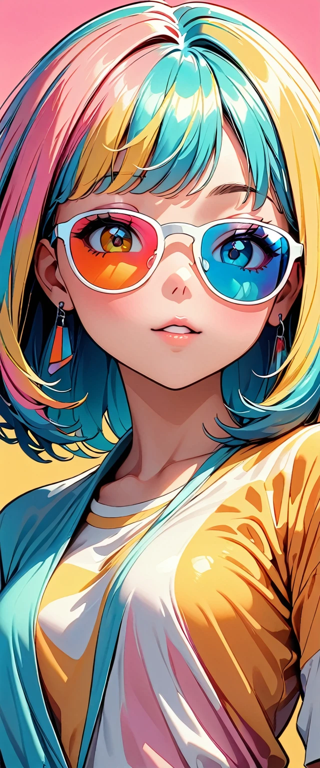 (highest quality:1.2, City Pop Style, Very detailed, Latest, Vibrant, High Contrast, masterpiece:1.2, highest quality, Best aesthetics), girl, ((Face Up Shot:1.4)), Colorful Hair, Bobcut, pastel colour, 1980s style, Retro, Vintage, ((Single color background)), (sunglasses).