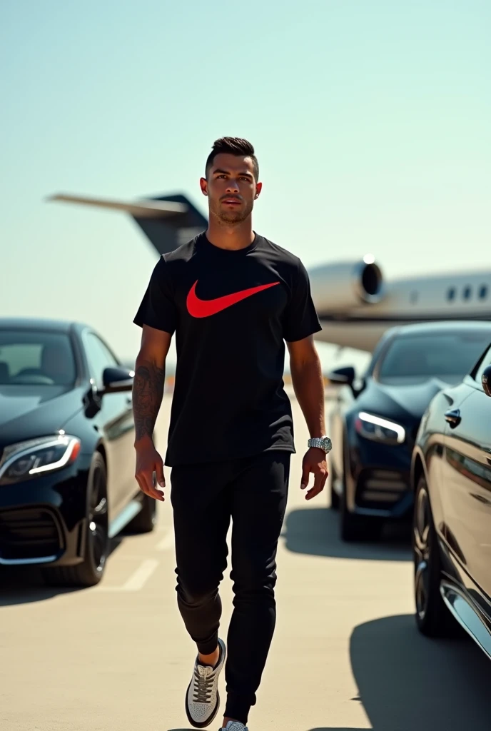 Cristiano Ronaldo ;à l'aéroport de Washington où quatre voitures lui suivent;un jette privé qui l'attend;portant un montre en diamant,une lumière claire luxe;un t-shirt noir rouge nike luxe;un pantalon noir luxe ;des chaussures de luxe montante
