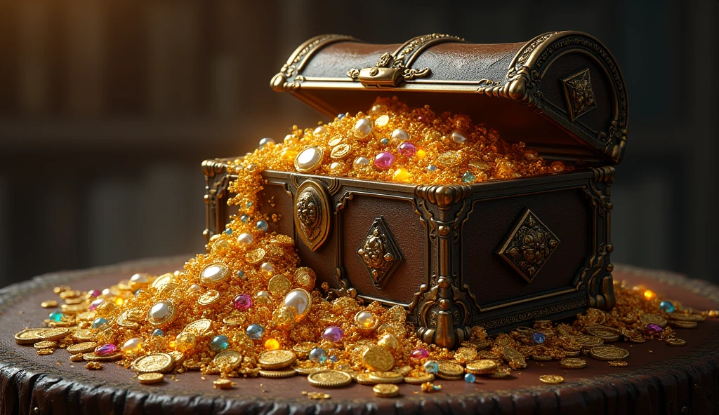 Treasure chest full and falling gold jewels on the sides