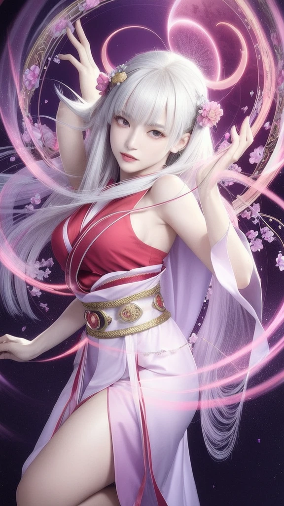 (masterpiece, top quality, 1 female, solo, exquisite details, chromatic aberration), (realistic), (skin), ((breathing)), (silver hair, blunt bangs, cropped straight long hair, short bangs, silver hair), beautiful hair, red headdress, highlights, hair on one eye, beautiful eyes, purple eyes, thick lips, earrings, piercing eyes, ((gold and white kimono)), ((symmetrical eyes)), ((perfectly symmetrical body)), ((perfectly symmetrical hands)), (purerosface_v1:0.3), full moon night, ((self, natural light))), bright lighting, flowers blooming in background, in front of viewer, ((central shot, from the front, (face and shoulders))), mysterious atmosphere, colorful flowers blooming around, bright colored background, shrine maiden in kimono, beautiful shrine maiden, Shrine maiden, fantasy female shrine maiden, female fortune telling shrine maiden, fantasy photography, Japanese style, elegant cinematic fantasy art, fantasy woman, sorceress portrait, powerful wizard surrounded by mystical colorful flowers, holding a glowing heart crystal ball, eyes glowing with mystical energy, spells leaking from her mouth, vibrant sorcery vortexes pulsating with rainbow hues appear in the air, magic permeates, flowers bloom, sacred creatures gaze in awe, threads of magical energy dance, reveal hidden realms, unravel secrets, capture the essence of this enchanting moment and bring to life the mystical power of sorcery on a canvas of the highest quality and finest detail. Top quality, masterpiece, ultra high resolution, (photorealistic: 1.4), RAW photo, sharp focus, high resolution, detailed skin.
Flowers blooming all around, bright colored background, fortune teller in kimono, beautiful fortune teller, fortune teller, fantasy female fortune teller, female fortune teller, fantasy photography, Japanese style, fortune teller in kimono, elegant cinematic fantasy art, fantasy woman, magician portrait, fortune teller, powerful wizard surrounded by mystical colorful flowers, holding a glowing heart c