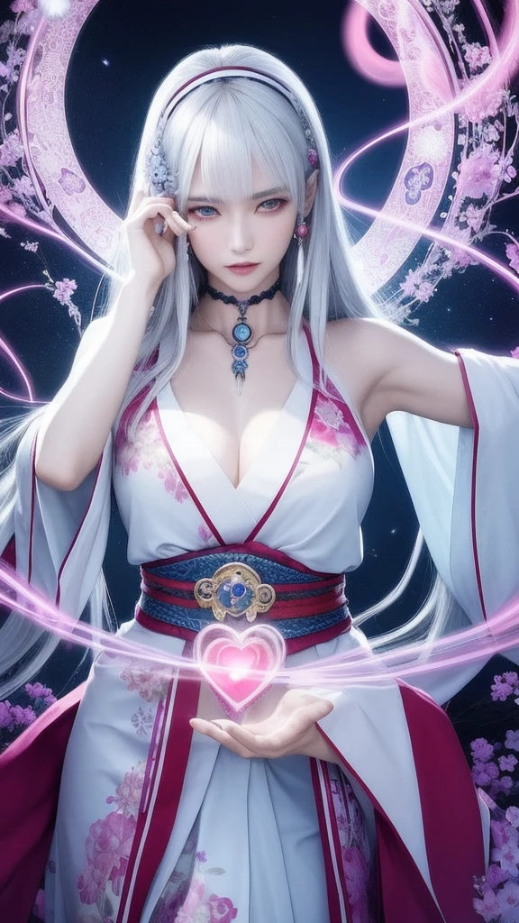 (masterpiece, top quality, 1 female, solo, exquisite details, chromatic aberration), (realistic), (skin), ((breathing)), (silver hair, blunt bangs, cropped straight long hair, short bangs, silver hair), beautiful hair, red headdress, highlights, hair on one eye, beautiful eyes, purple eyes, thick lips, earrings, piercing eyes, ((gold and white kimono)), ((symmetrical eyes)), ((perfectly symmetrical body)), ((perfectly symmetrical hands)), (purerosface_v1:0.3), full moon night, ((self, natural light))), bright lighting, flowers blooming in background, in front of viewer, ((central shot, from the front, (face and shoulders))), mysterious atmosphere, colorful flowers blooming around, bright colored background, shrine maiden in kimono, beautiful shrine maiden, Shrine maiden, fantasy female shrine maiden, female fortune telling shrine maiden, fantasy photography, Japanese style, elegant cinematic fantasy art, fantasy woman, sorceress portrait, powerful wizard surrounded by mystical colorful flowers, holding a glowing heart crystal ball, eyes glowing with mystical energy, spells leaking from her mouth, vibrant sorcery vortexes pulsating with rainbow hues appear in the air, magic permeates, flowers bloom, sacred creatures gaze in awe, threads of magical energy dance, reveal hidden realms, unravel secrets, capture the essence of this enchanting moment and bring to life the mystical power of sorcery on a canvas of the highest quality and finest detail. Top quality, masterpiece, ultra high resolution, (photorealistic: 1.4), RAW photo, sharp focus, high resolution, detailed skin.
Flowers blooming all around, bright colored background, fortune teller in kimono, beautiful fortune teller, fortune teller, fantasy female fortune teller, female fortune teller, fantasy photography, Japanese style, fortune teller in kimono, elegant cinematic fantasy art, fantasy woman, magician portrait, fortune teller, powerful wizard surrounded by mystical colorful flowers, holding a glowing heart c