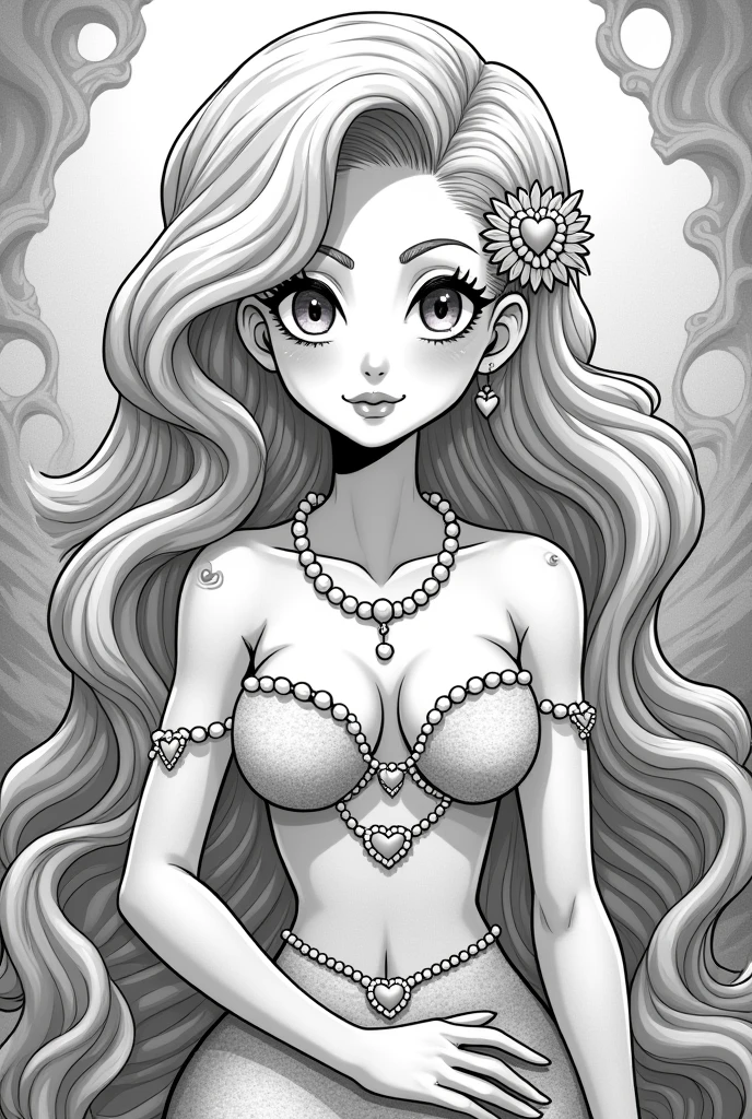 Monochrome manga art style, enchanting mermaid character, inspired by Shantae, embodying love and fantasy, adorned in elegant sea shells intricately designed with heart motifs, sparkling heart necklace resting gracefully against her collarbone, medium pink curly hair cascading beautifully, framing a radiant face, captivating heart-shaped pink eyes reflecting the depths of the ocean, delicate pearls entwined around her neck, arms, and waist, detailed textures enhancing the essence of the seas, central composition showcasing her ethereal beauty, contrasting shades of black and white creating depth and dimension, soft highlights delicately illuminating details, dreamy underwater ambiance surrounding her figure, gentle waves framing the scene, merging elegance with whimsy, capturing both tenderness and strength, stylized features accentuating manga characteristics, exaggerated expressions enhancing emotional engagement, meticulous line work emphasizing every curve and accessory, manga-style emotional resonance, stunning visual storytelling deeply rooted in fantasy, fluid motion lines illustrating her connection to the tides, showcasing the timeless allure of mermaid lore within modern manga culture.