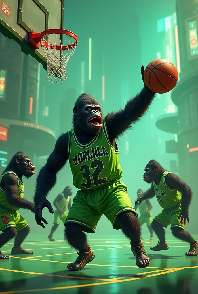 Gorillas smoking marijuana while playing basketball with marijuana-colored green shirts In an environment with several players while scoring baskets But in a futuristic way