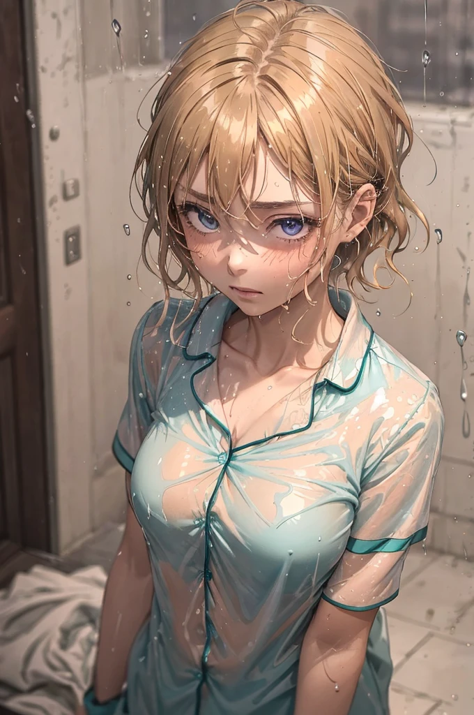 ((Teal coloured pyjama shirt)), 1girl, raining heavily, outside, short caramel-blonde hair sticking to her face, depressed purple eyes, teal coloured pyjama shirt, nighttime, very dark, soaking wet, wet through, wet clothes, almost naked, small breasts, outside at nighttime, in the streets, dark background, dark, very dark night, realistic colour, 1 colour shirt, patterned pyjamas, soaking wet pyjamas, wet though, dripping wet,
