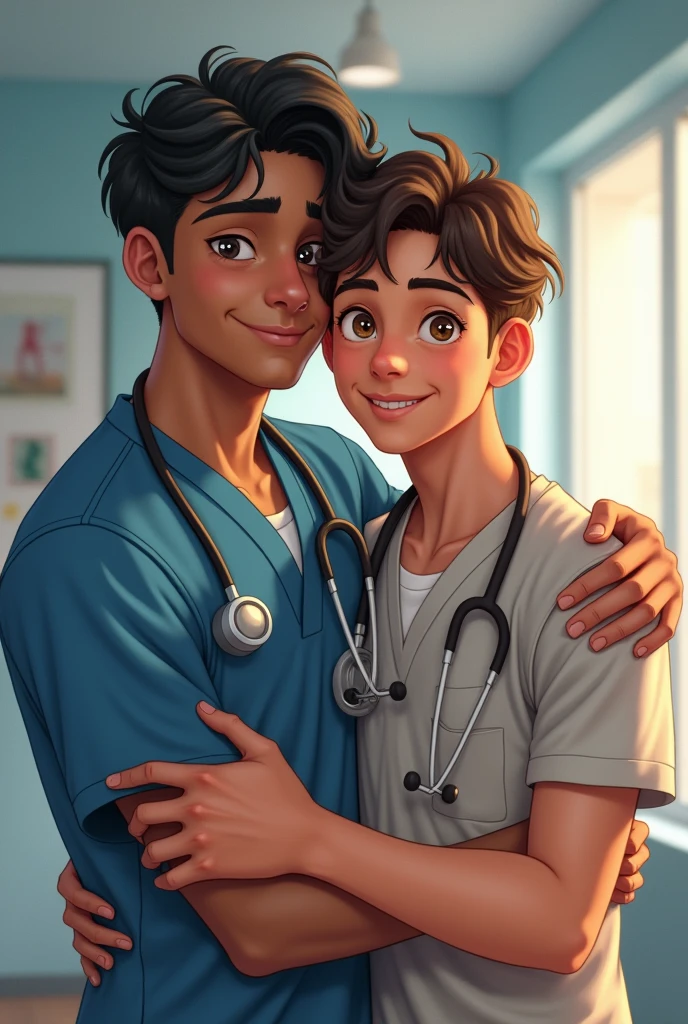 Two young adult men hugging each other as with hospital background and looking at camera, one in doctor's clothes, dark shaped eyes, Caucasian skin, wavy black hair, the other with simple clothes, brownhair, light eyes and tanned skin and humble appearance, the image has to be realistic. That you can see their faces