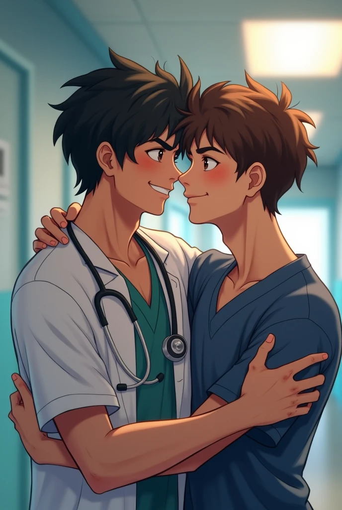 Two young adult men hugging each other as with hospital background and looking at camera, one in doctor&#39;s clothes, dark shaped eyes, Caucasian skin, wavy black hair, the other with simple clothes, brownhair, light eyes and tanned skin and humble appearance, the image has to be realistic. That you can see their faces