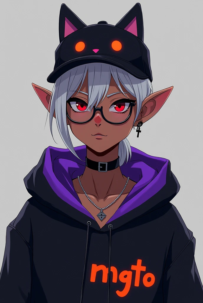 young man, Black skin tone, dark red eyes, elf ear small size, black earring in the shape of a cross but with two ears, wears prescription glasses, White hair, hair tied with ponytail, 2 strands of hair in the front, wears a black cap with a cat face, wears a closed hood with two different colors, black on one side and purple on the other, with an orange name written: NGGTO