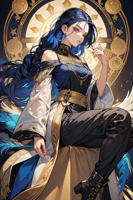 navy blue hair. she wears a dark blue blouse with open-cut shoulders, revealing her dark top underneath; a feathered cape with her Vision attached to the back; beige harem pants; and dark boots. Her hair is braided with a peacock feather on the end. sHe is embellished with gold jewelry and a bronze-trimmed eyepatch SPARKLE; GLITTER