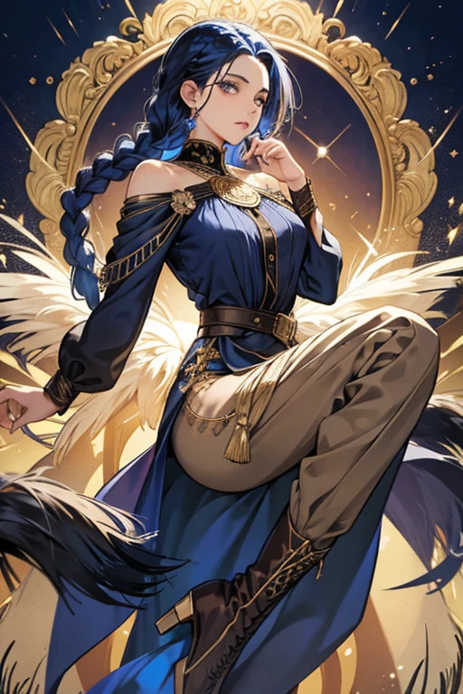 navy blue hair. she wears a dark blue blouse with open-cut shoulders, revealing her dark top underneath; a feathered cape with her Vision attached to the back; beige harem pants; and dark boots. Her hair is braided with a peacock feather on the end. sHe is embellished with gold jewelry and a bronze-trimmed eyepatch SPARKLE; GLITTER