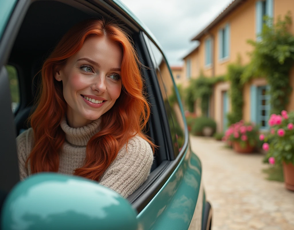 A 2 red-haired woman, close-up, arriving in the village of PROVENCE, at the wheel of her electric Citroën AMI. Side view of the car. She smiles. Typical houses, flowerbeds and bougainvilleas. Style by David Hamilton.