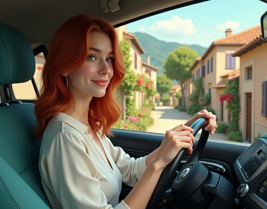A 2 red-haired woman, close-up, arriving in the village of PROVENCE, at the wheel of her electric Citroën AMI. Side view of the car. She smiles. Typical houses, flowerbeds and bougainvilleas. Style by David Hamilton.